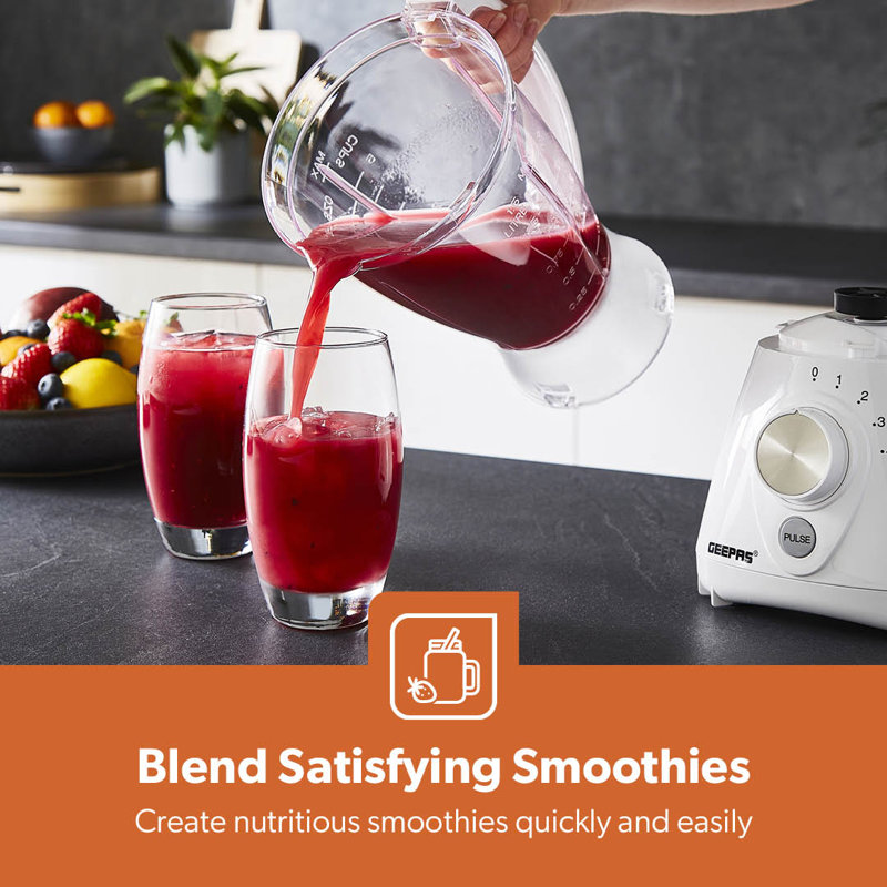 GEEPAS 2-in-1 Food Jug Blender & Smoothie Blender | Ice Crusher Stainless Steel Blades 4 Speeds Pulse Mode | 1.5L Jar Smoothie Milkshake Maker Coffee/Spice Grinder Mill | 1 Year Warranty 550W