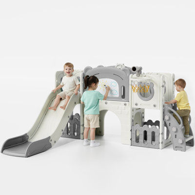 10-In-1 Toddler Slide Set, Kid Climber Slide Playset With Basketball Hoop And Ball, Drawing Board, Non-Slip Steps, Indoor Outdoor Playground For Age 3+(Gray And White)