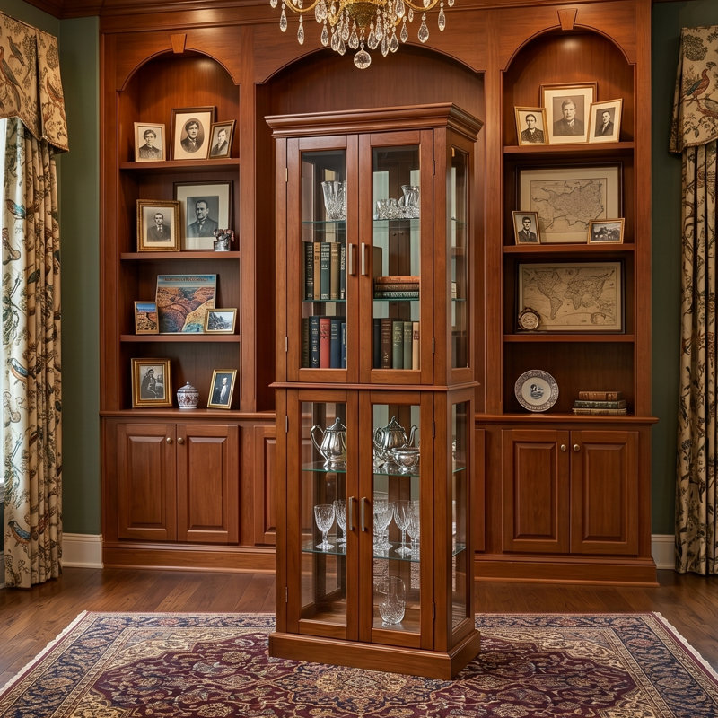 Armoire de salle à manger avec tablettes réglables et panneau arrière en miroir Ahriya, Chêne