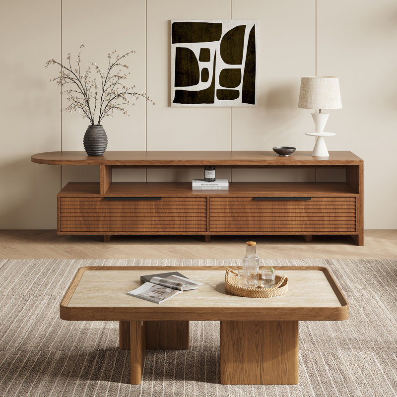 Meuble télé 96,5 "à 126" pour téléviseur de 85 po ou moins, meuble télé Mid-Century en noyer avec 2 tiroirs, meuble télé pour salon, chambre à coucher