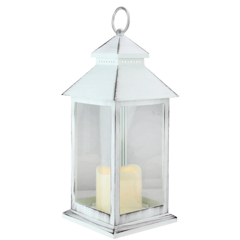 12.5" Black Brushed White Candle Lantern with Flameless LED Candle
