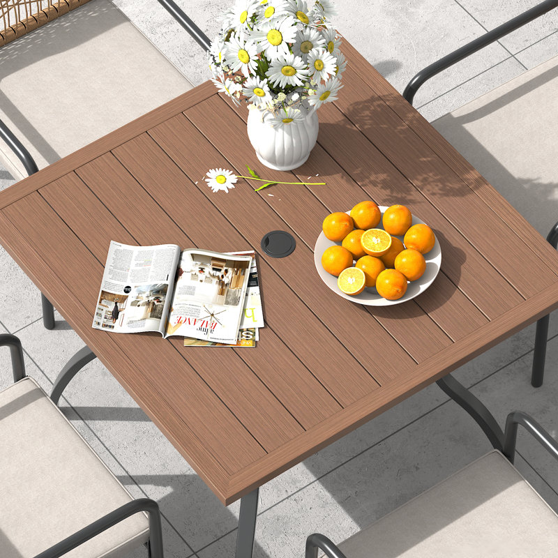 Ensemble de salle à manger de patio carré avec chaises rembourrées empilables en rotin, Brun bois brossé