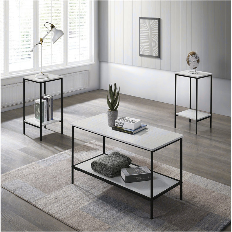 Ensemble de table 3 pièces de style rustique à finition blanche 1 table basse 2 tables de bout 2 pièces de style minimaliste