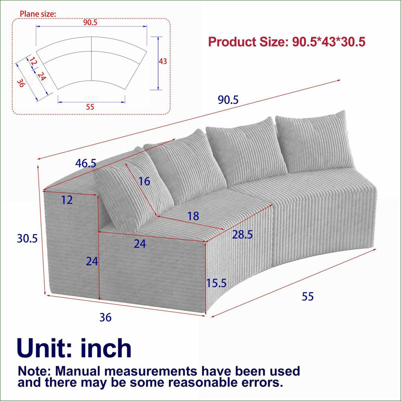 Sectional Sofas, Modern Curved 2-Piece Modular, 4 Pillows, for Living Room Bedroom Office | Corduroy | Standard