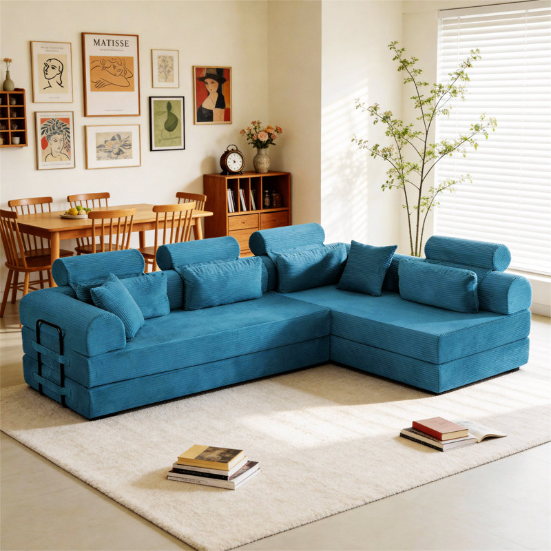 Boneless L Shape Modular Sectional Sofa, Compressed Sectional Sofa Modern Minimalist Style Corduroy Couch,Unfold Into A Bed, Bedroom, Comfy Compressed Sofa Couch Space-Efficient Design