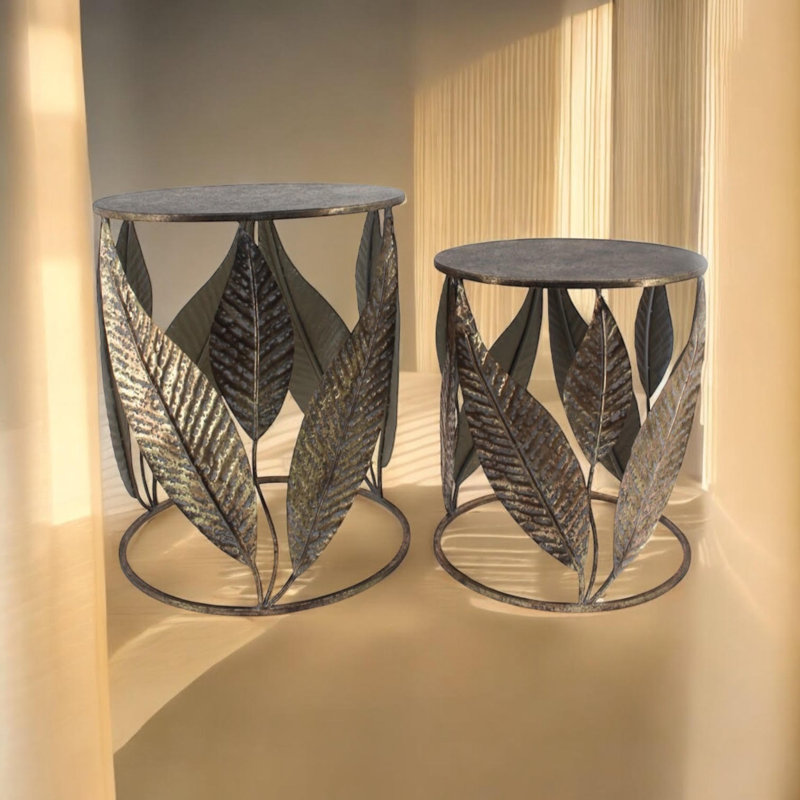 Metal Leaf Gold Side Tables Set | Modernist Frame Design Decorative Accent Tables for Living Room or Bedroom