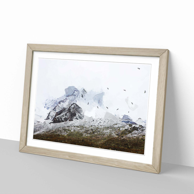 The Swiss Alps with a Flock of Birds in Abstract - Picture Frame Graphic Art Print, Oak, 40cm H x 60cm W x 2cm D