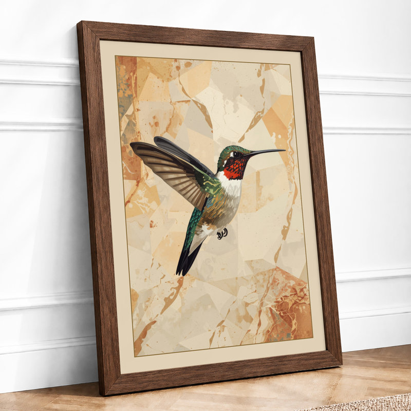 Hummingbird in Flight Botanical - Framed Print, A2 - 59.4 x 42.0 cm, Walnut
