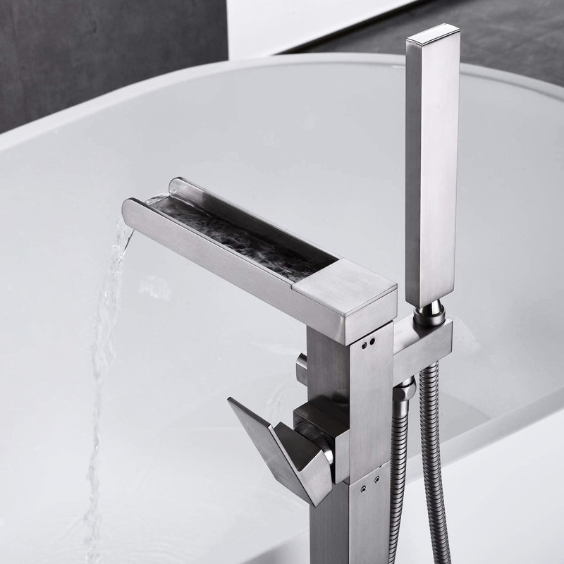 Bathroom Waterfall Tub Filler With Hand Shower In Brushed Nickel - Floor Mount Faucet, And Rust Effect Mount, Corrosion