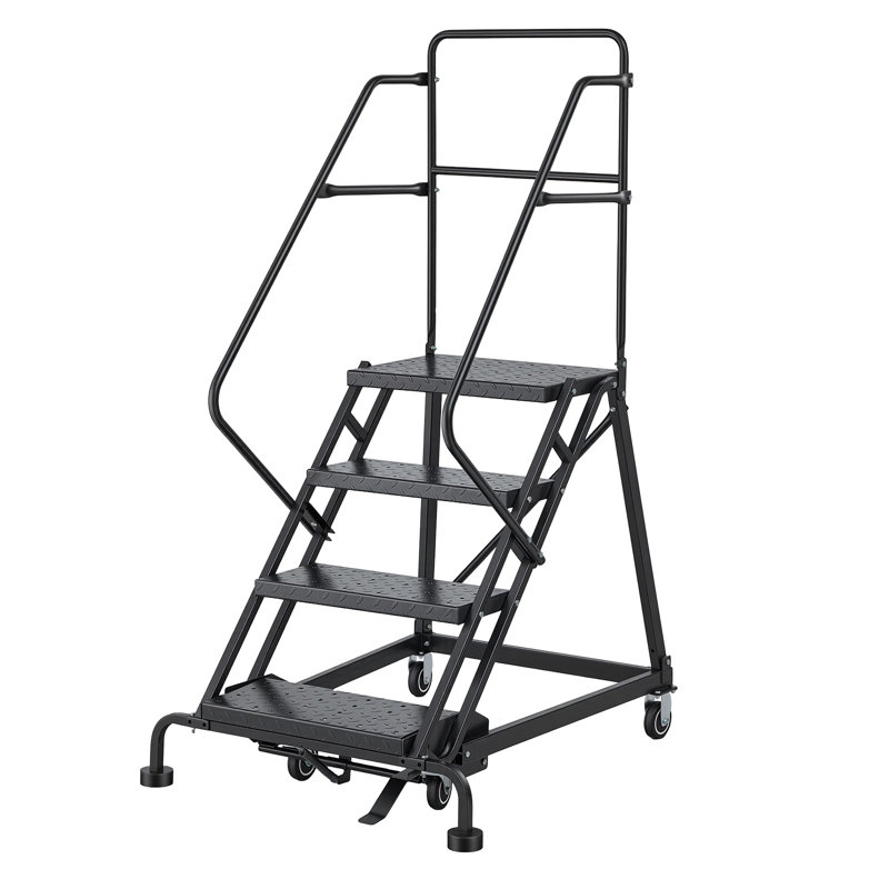 Échelle de rangement à 4 marches, escalier mobile en acier allié industriel, avec rampes, marches perforées antidérapantes et roues autobloquantes, échelle de plateforme robuste 450LBS pour bibliothèque de garage
