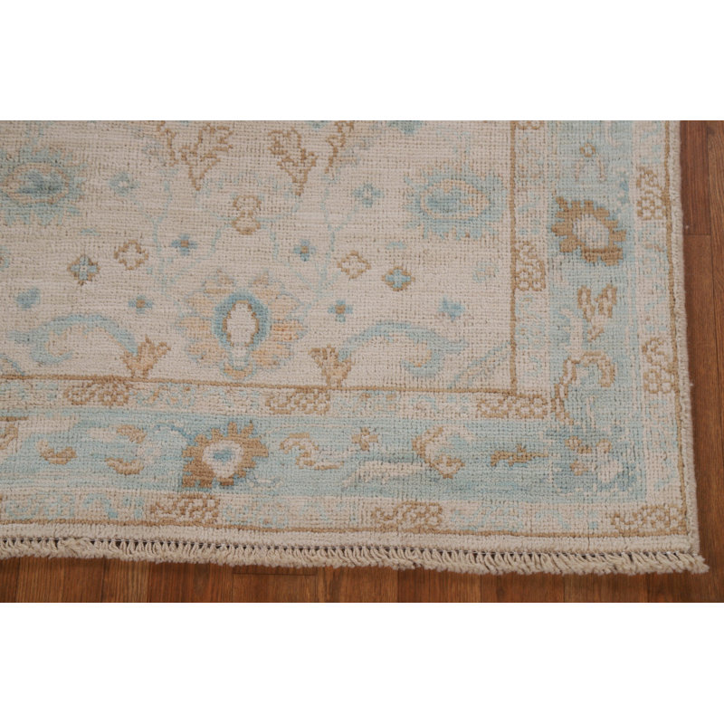 Tapis beige en laine noué à la main de conception unique 3 pi 1 po x 3 pi 11 po New Age