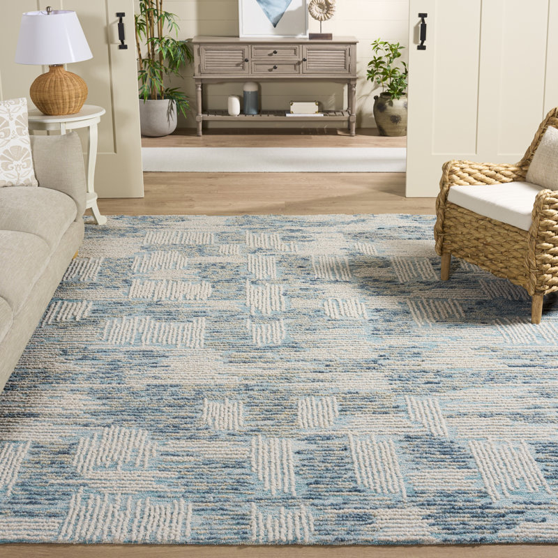 Weybossett Abstract Hand Tufted Wool Cotton Abstract Rug in Ivory/Blue, Rectangle 8' x 10'