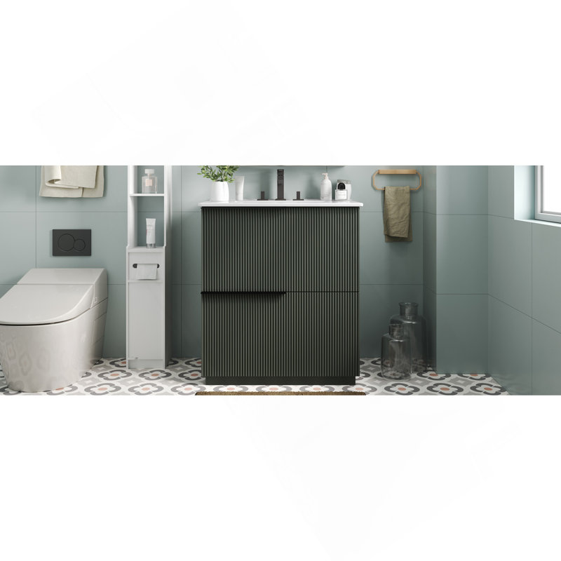 Meuble-lavabo de 30 po avec lavabo en céramique et tiroirs pleine extension, glissières de tiroir à fermeture en douceur, conception cannelée, vert