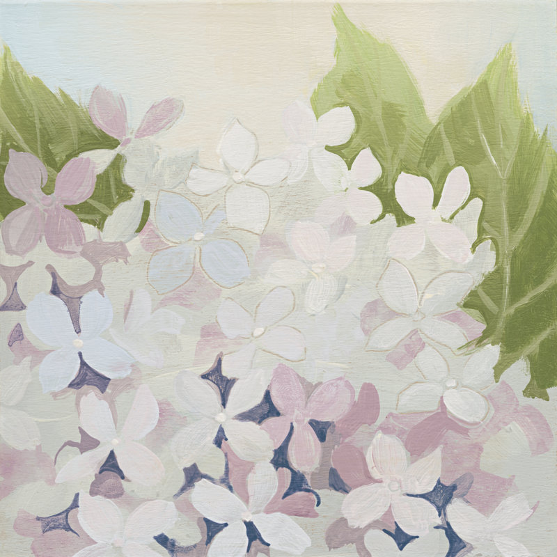 «Misty Hydrangea IV» par Kathrine Lovell, reproduction d'art sur toile tendue, H 12 po x l 12 po