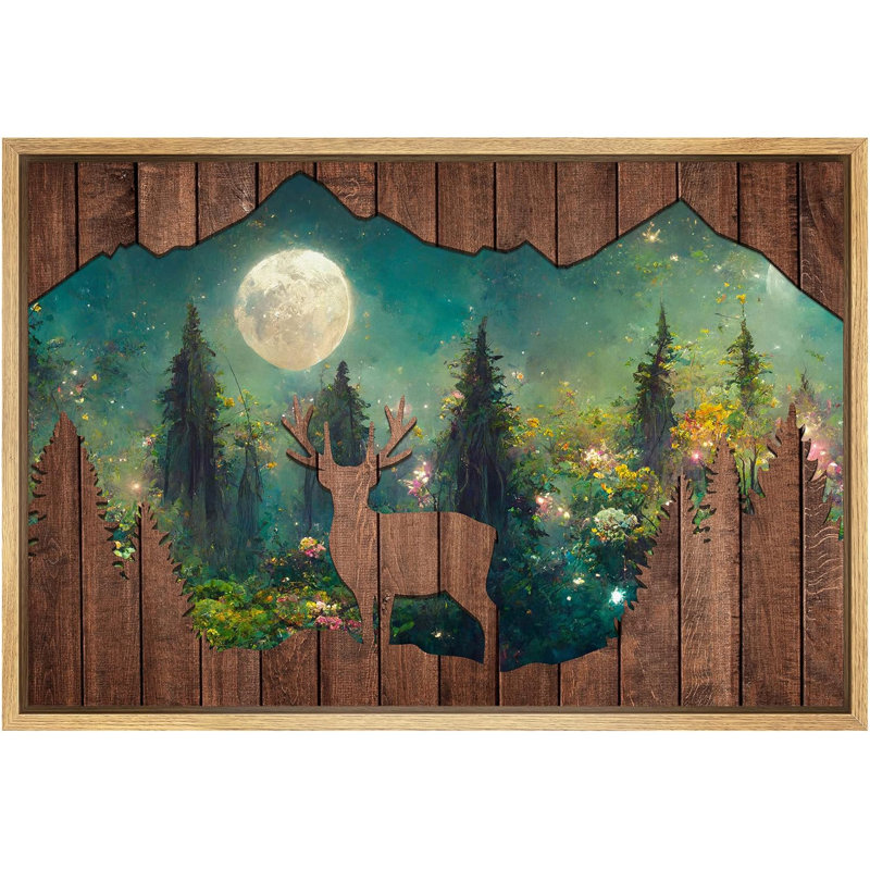 Panneau de bois effet cerf au clair de lune, paysage de forêt, œuvre d'art de la campagne / campagne, Naturel