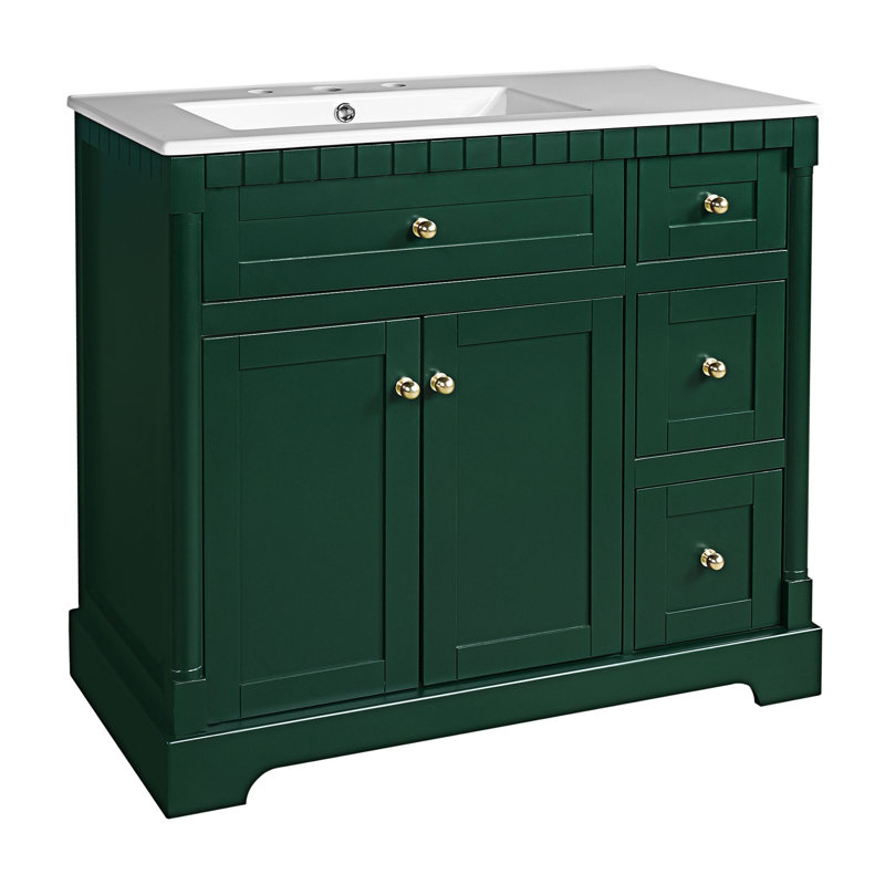 Le meuble-lavabo avec rangement supérieur comprend une tablette réglable, des portes à fermeture douce, des tiroirs et un tiroir basculant