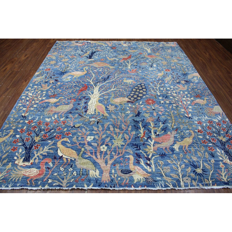 Birds Collection, Contemporary, Transitional Hand Knotted Wool Area Rug in Blue