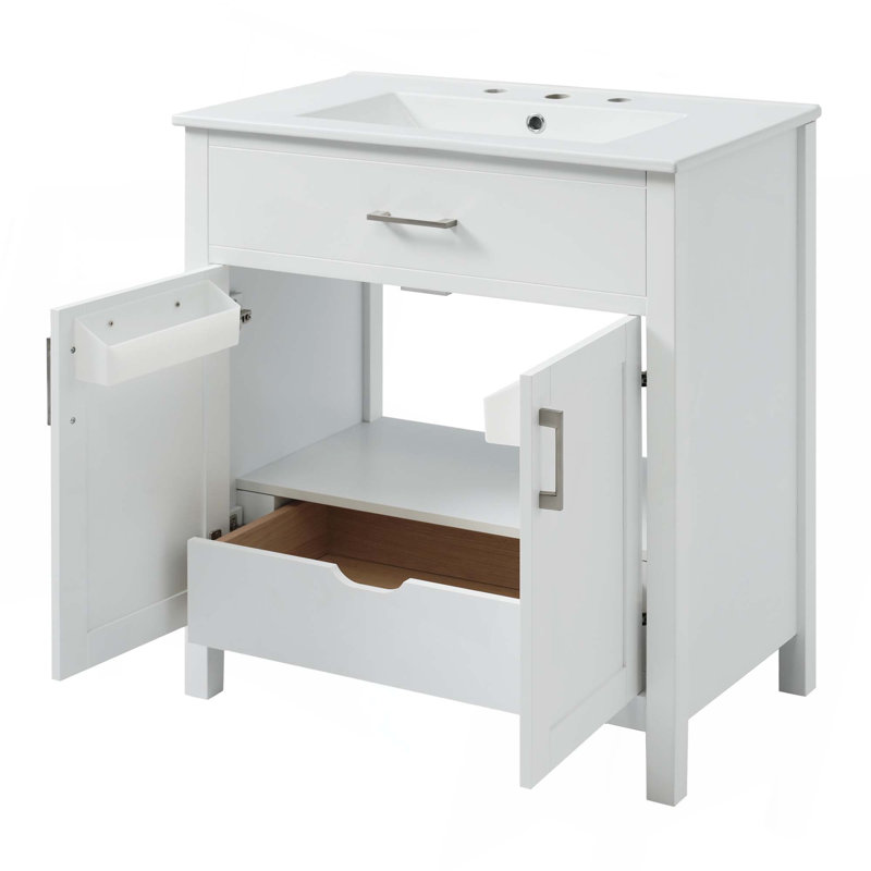 Meuble-lavabo de salle de bain avec lavabo en céramique, 2 portes et 1 tiroir caché, Blanc