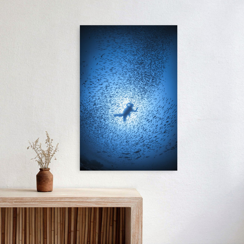Diver Among Fish Serene Tranquil Abstract Fish Ocean Architecture Wall Art Print 1 Piece Wrapped Canvas Wall Art