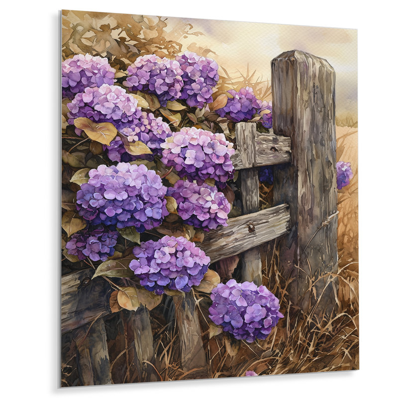 Hortensias par la vieille clôture - reproduction d'art traditionnelle en métal, hydrangées en métal, H 20 po x l 12 po