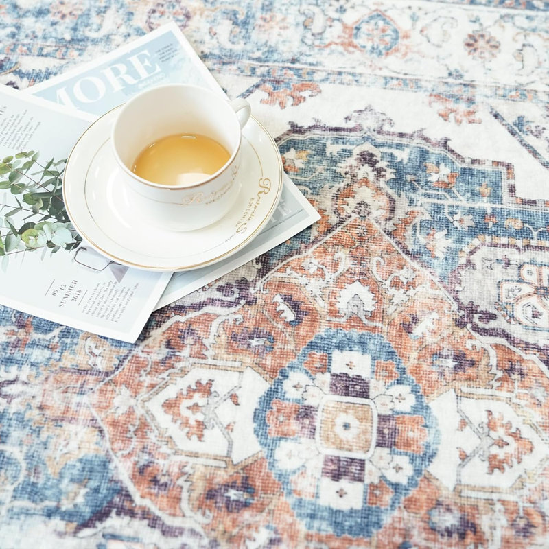 Wide Hallway Rug: Vintage Washable Soft for Living Room Bedroom Water Resistant Carpet with Non-Slip Backing for Entry Kitchen Dining Room Thin Bathroom Floor Mat(Brick)