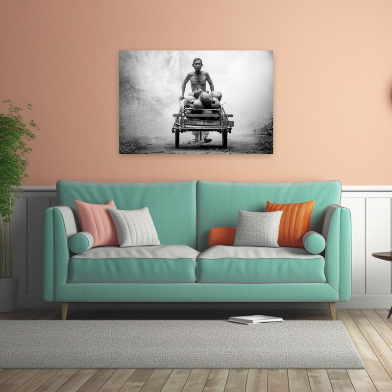 «Work Man», art contemporain mural tropical, fruits et charrette, H 32 po x l 48 po