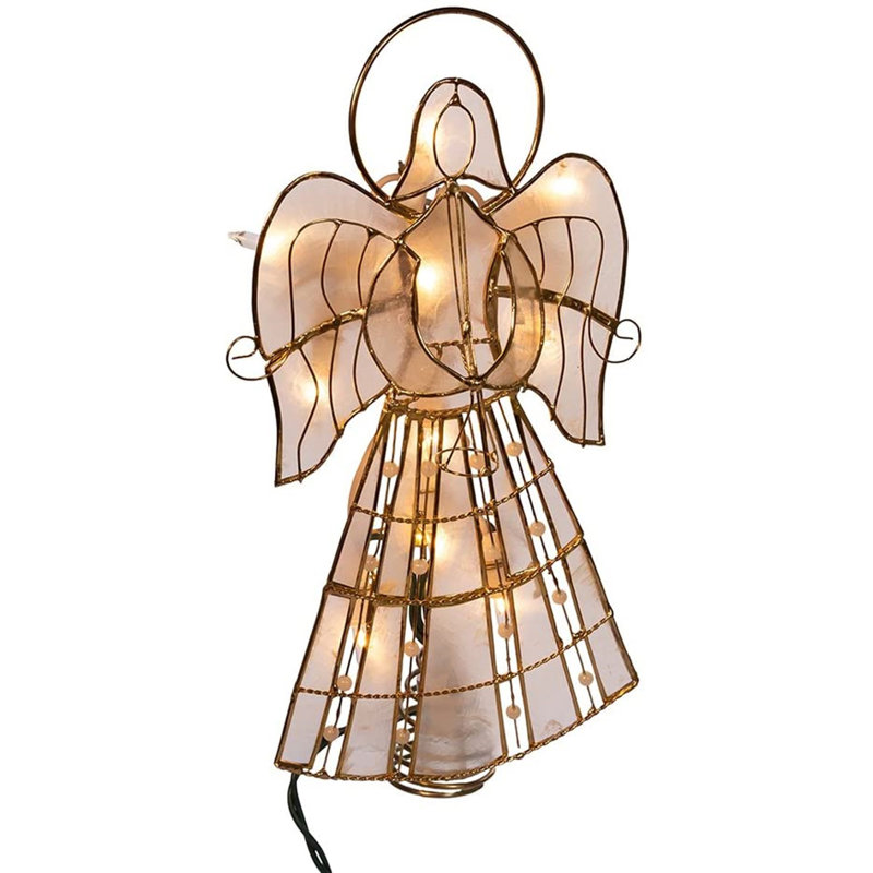 Gold Capiz Angel Tree Topper with Pearls and Lights