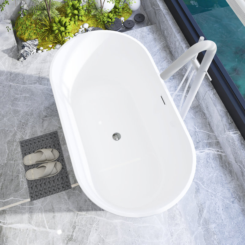 Baignoire autoportante en acrylique blanc brillant, baignoire autoportante, drain chromé Toe-Tap