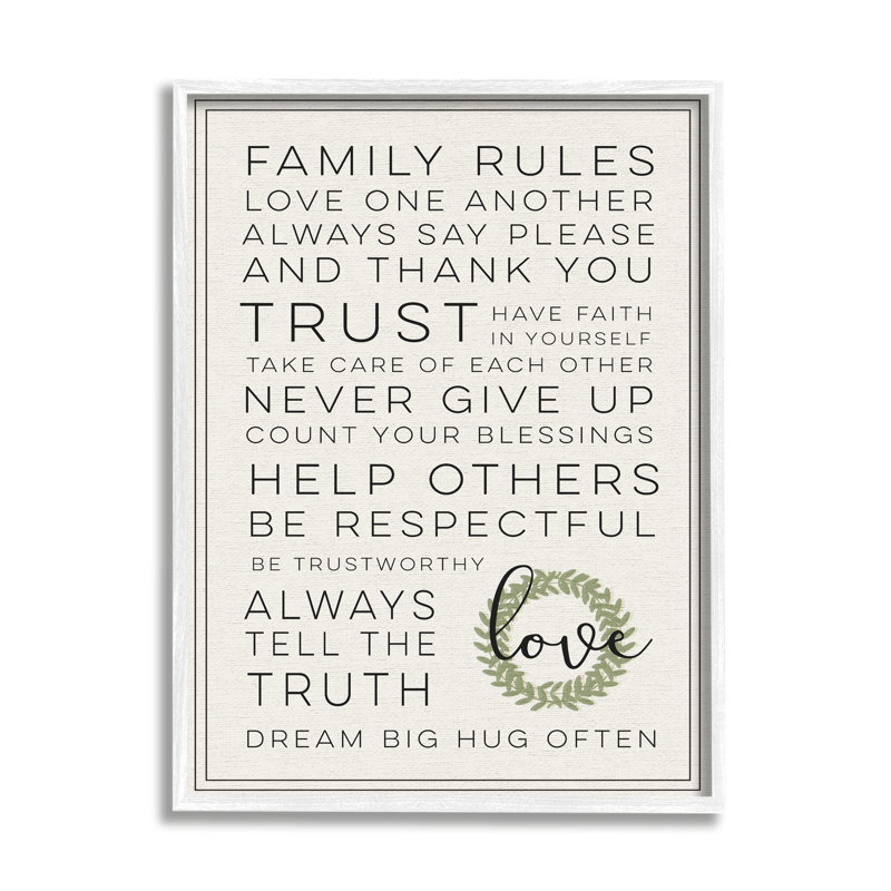 " Family Rules Love Dream Often " by Daphne Polselli, White Framed, 30" H x 24" W