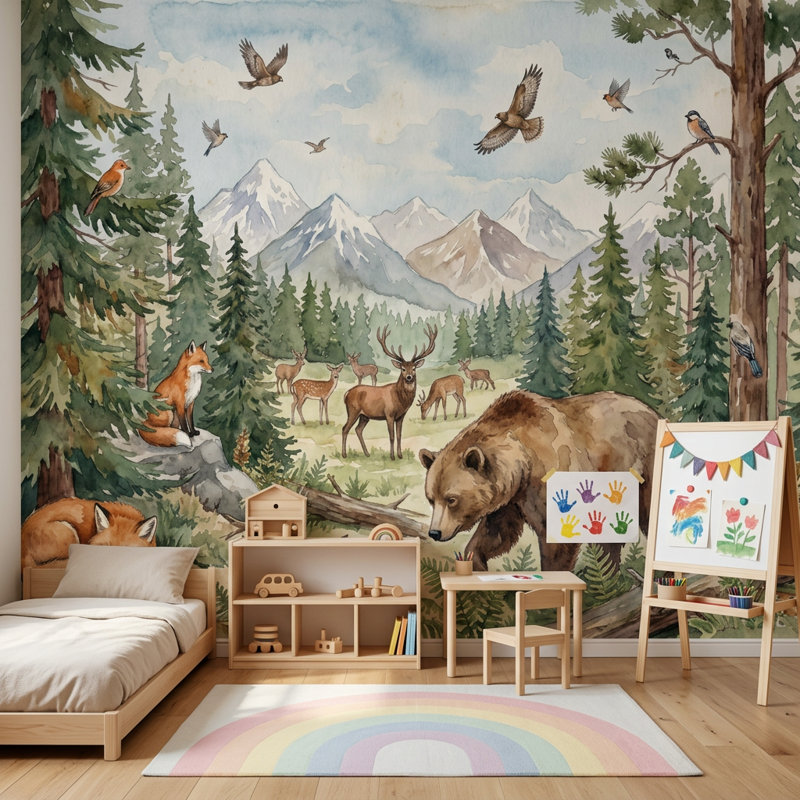 Papier peint forêt, montagnes, décoration murale amovible, 160 po x 108 po, Peler et coller