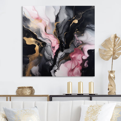 Abstract Marble Canvas Wall Art, Black Gold Fluid Print - Black Gold Marble Splash II