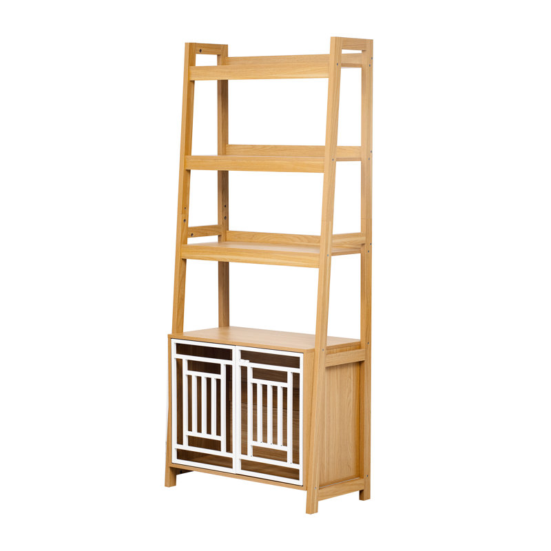 Pet - Bibliothèque avec un design moderne, cadres géométriques blancs sur l'armoire, rangement pour magazines et couvertures, unité de rayonnage à espaces limités peu encombrants couleur bois naturel, structure inclinée, trois ouvertures