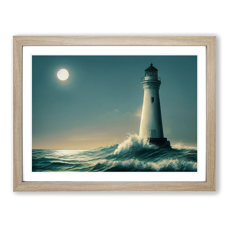 Epic Lighthouse - Single Picture Frame Print, 25cm H x 34cm W x 2cm D, Oak
