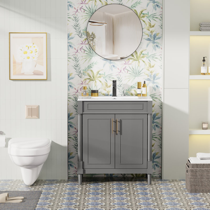 Everarda 30" Freestanding Bathroom Vanity Set with Sink Top, Faucet, Hand Painted, Gray
