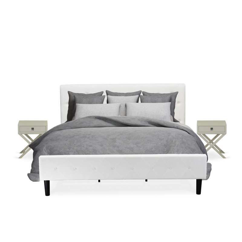 Ensemble de chambre à coucher 3 pièces - Base de lit capitonnée à boutons - Tête de lit tapissier en tissu de velours blanc lin et table de chevet au fini gris urbain