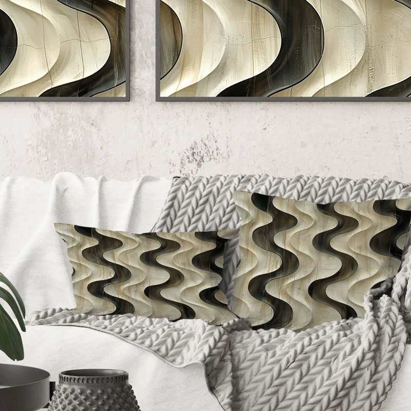 Coussin beige Mid-Century Wave Lines II - Mid-Century, H 16 po x l 16 po