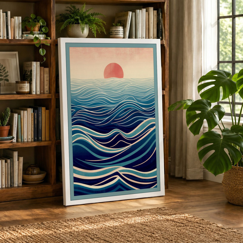 Red Sun Over Waves Coastal 1 Piece Wrapped Canvas Wall Art, 36x24 - 91.4 x 61.0 cm, Cream Border