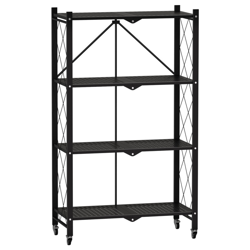 Expandable Folding Bookshelf with Wheels, Collapsible Adjustable Storage Rack Metal Shelves