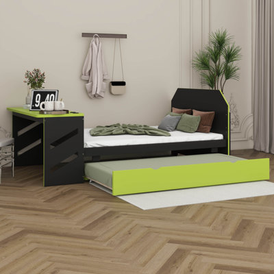 Full Size Wood Daybed With  Trundle, Built-In Desk, USB Charging Ports, Gaming Style Multifunctional Bed For Teens