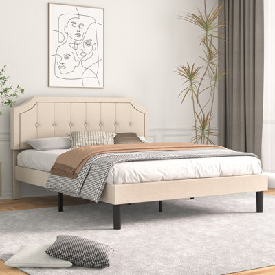 Sietje Bed with Button Tufted Upholstered Headboard, Strong Wooden Slats Full Size Platform Bed Frame, No Box Spring Needed, Easy Assembly, Beige