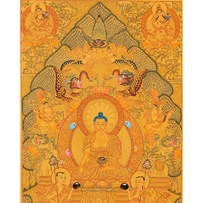 Histoire de vie de Bouddha entièrement dorée illustrée à l'intérieur de 18 cercles (Thangka sans brocart)