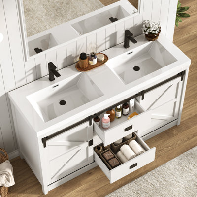 59" Double Bathroom Vanity With Sink, Faucet, Drain Assembly, Drawers, And Sliding Barn Doors