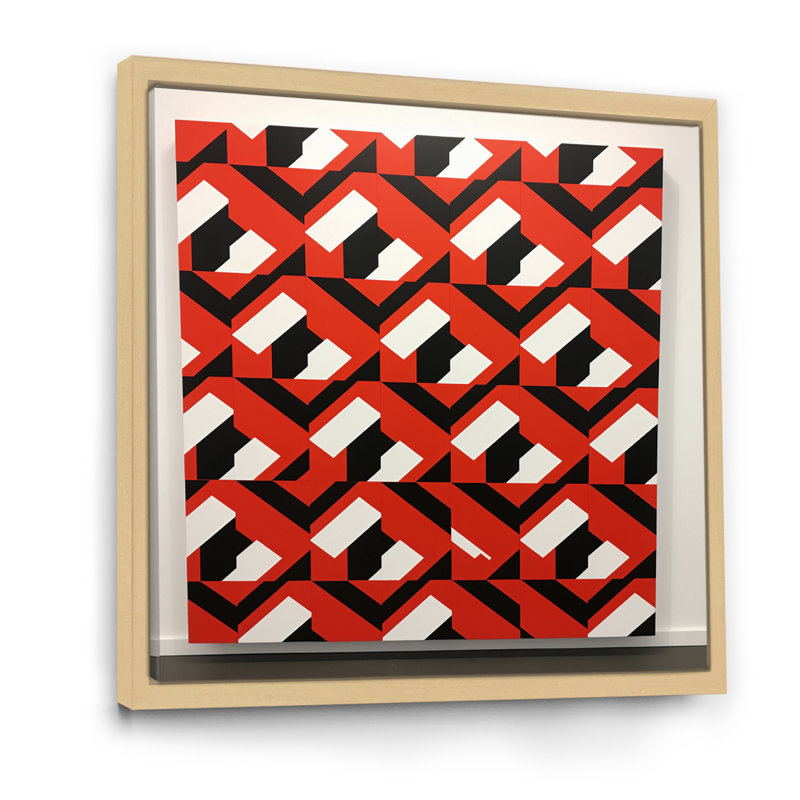 Motif rétro géométrique rouge, blanc et noir - reproduction sur toile, H 30 po x l 30 po x P 1 po, Cadre naturel flottant