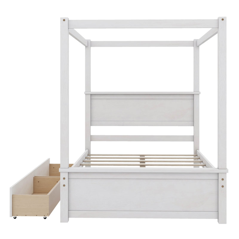 Patrise Full Size Wood Canopy Bed with two Drawers, Brushed White