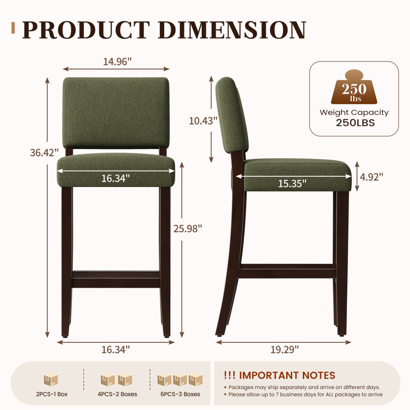 Tabouret de bar moderne en bois massif rembourré, 66 cm de hauteur, avec dossier et repose-pieds., Green