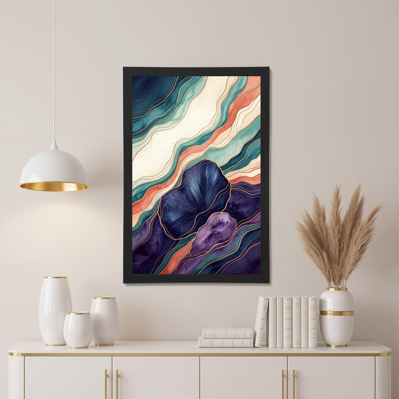 Toile abstraite avec couches fluides bleu sarcelle mauve et lignes dorées, 24"H x 16"W