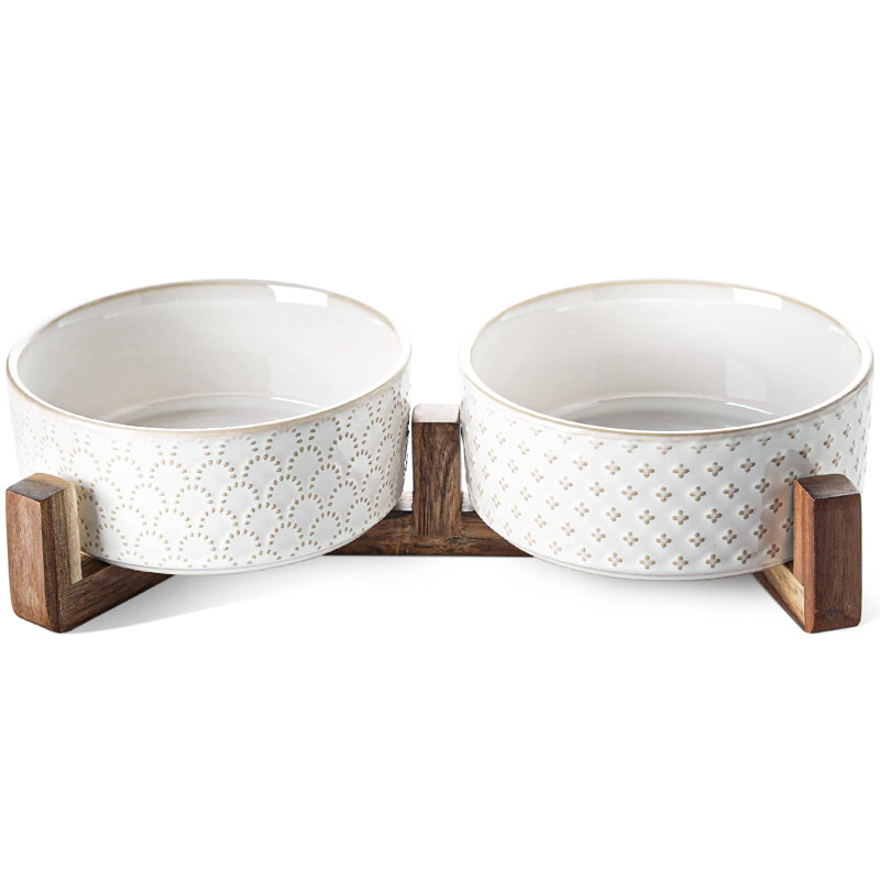 Ceramic Dog Bowls with Acacia Wood Stand for Small to Medium Pets