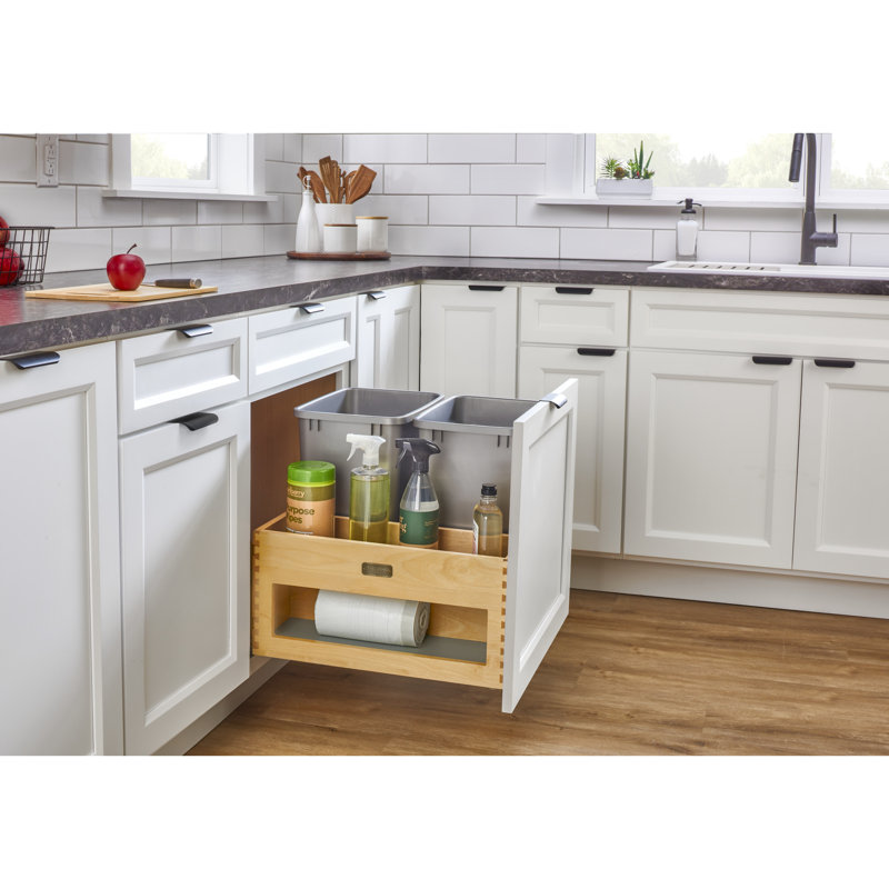 Wood Bottom Mount Pullout Waste/Trash Container With Storage W/ Soft-Close, 8.75 gallons