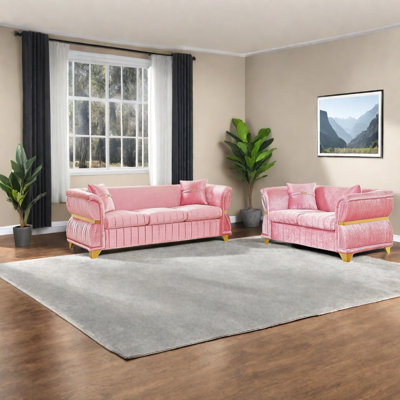 Modern Sofas Set, Pink Velvet 3 And 2 Seater With Gold Metal Trim For Home
