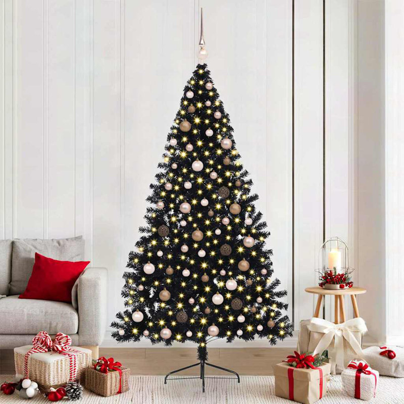 6.89' H Lighted Artificial Christmas Tree, 210 cm, with 120 Rose Gold Balls, Black